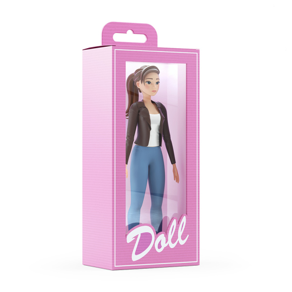 3d cartoon woman inside doll box